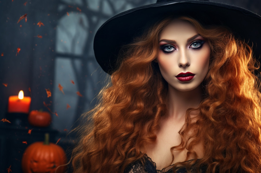 A photo of a beautiful young woman in a sexy witch costume for H