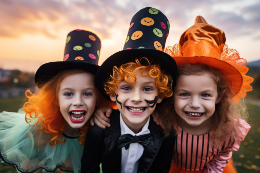 A photo of a happy brother and two sisters on Halloween