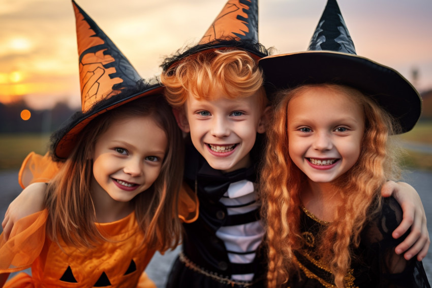 A photo of a happy brother and two sisters on Halloween