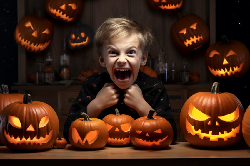 A picture of a cute boy making Halloween decorations at a wooden