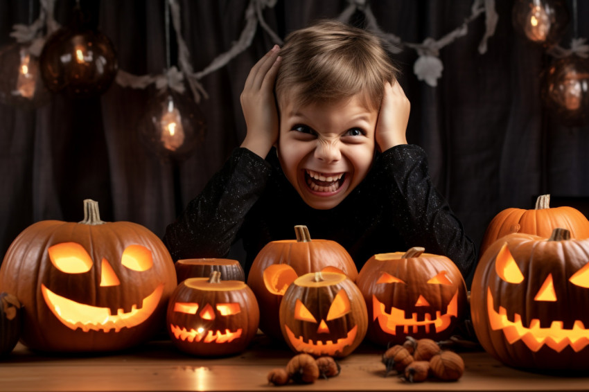 A picture of a cute boy making Halloween decorations at a wooden