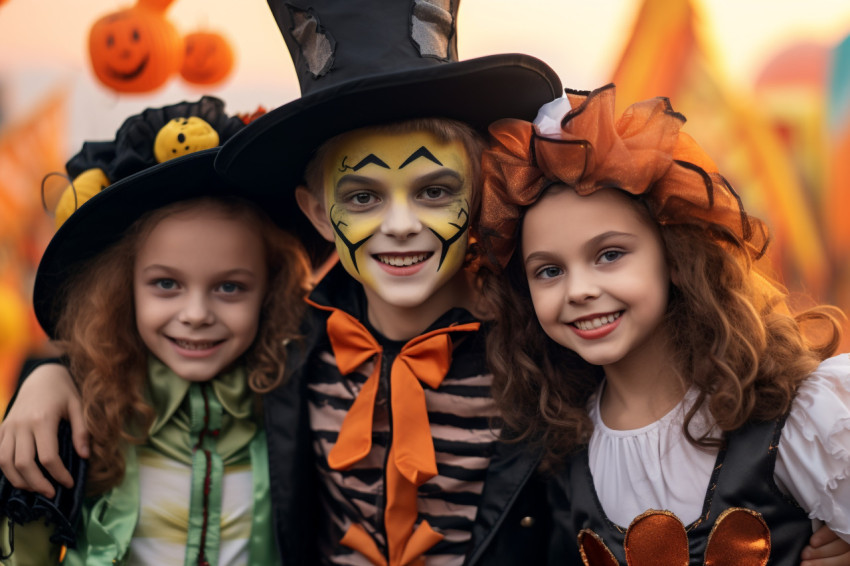 A photo of a happy brother and two sisters on Halloween