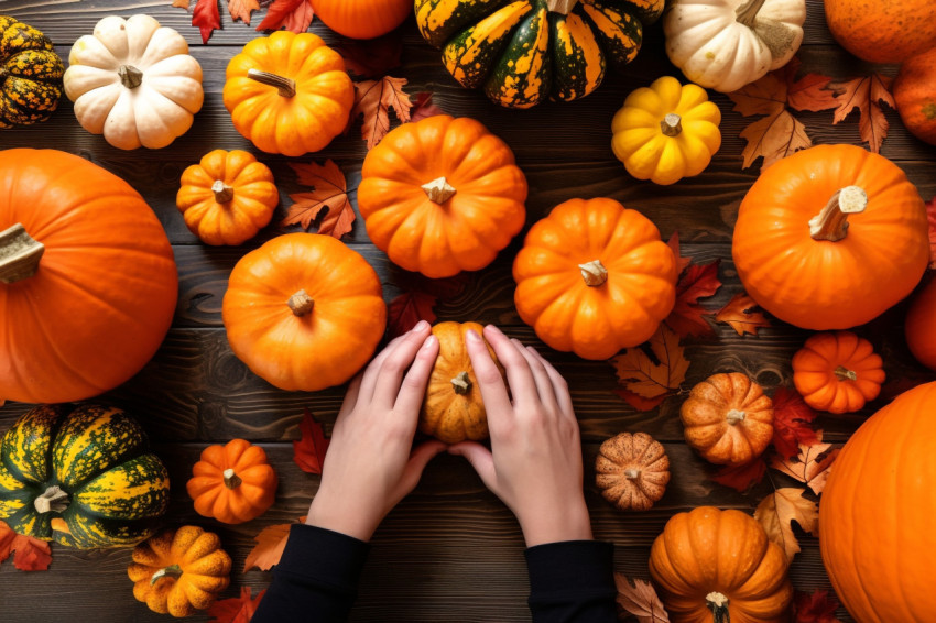 A close-up photo of a familys hands and pumpkins on a table, pre