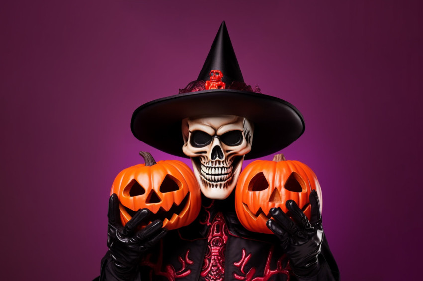 A photo of a man in a skeleton costume holding a jack o lantern,