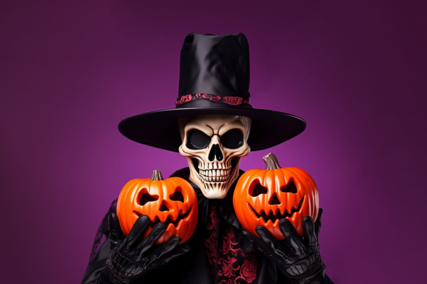 A photo of a man in a skeleton costume holding a jack o lantern,