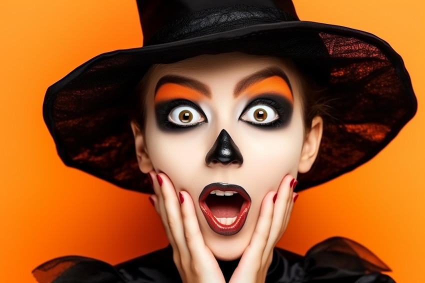 Picture of a surprised young girl in a black witch costume touch