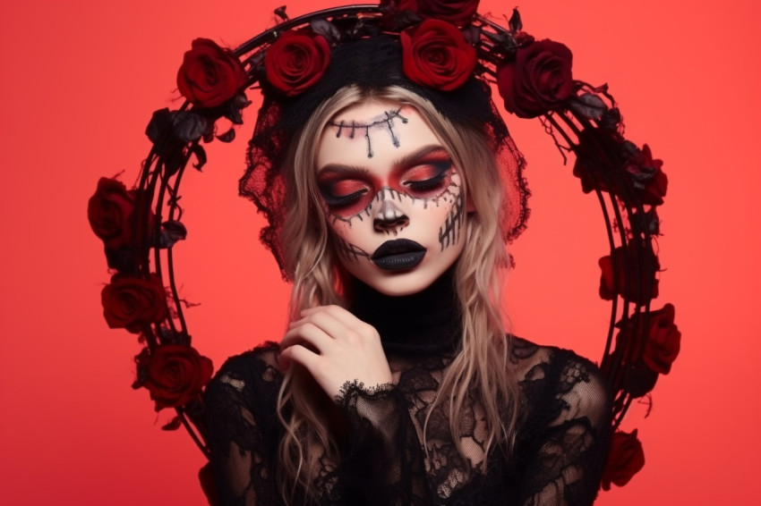 A picture of a woman in a studio with Halloween makeup on