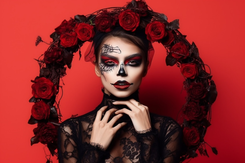 A picture of a woman in a studio with Halloween makeup on