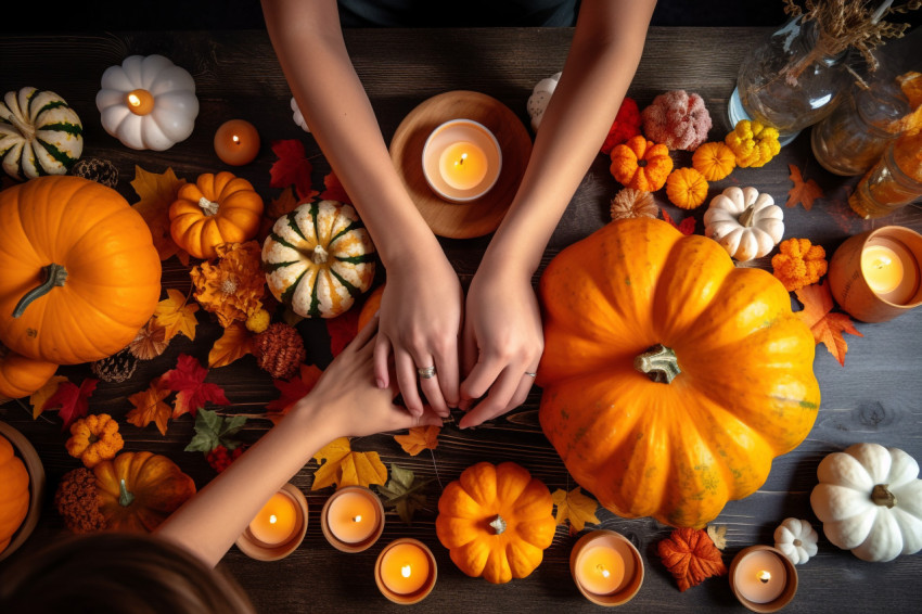 A close-up photo of a familys hands and pumpkins on a table, pre