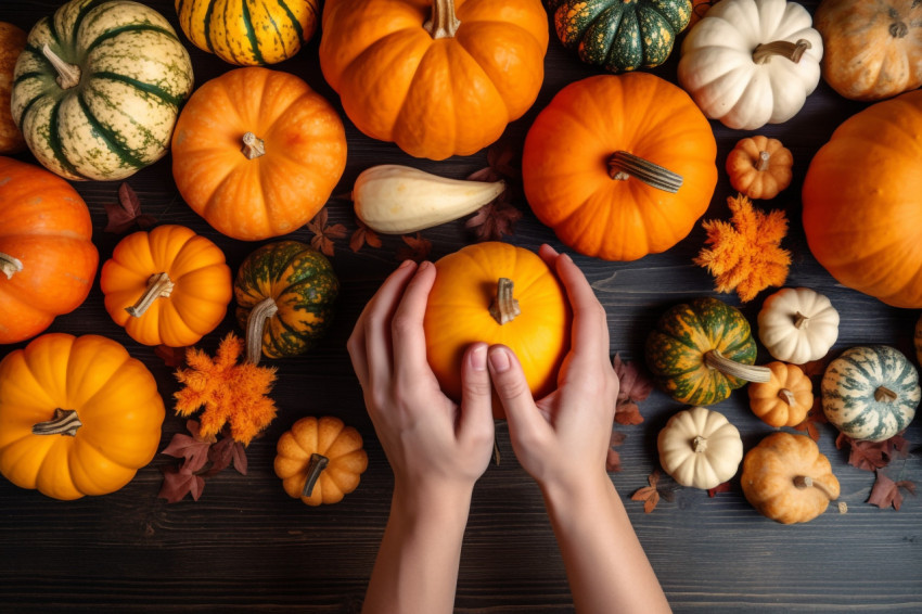 A close-up photo of a familys hands and pumpkins on a table, pre