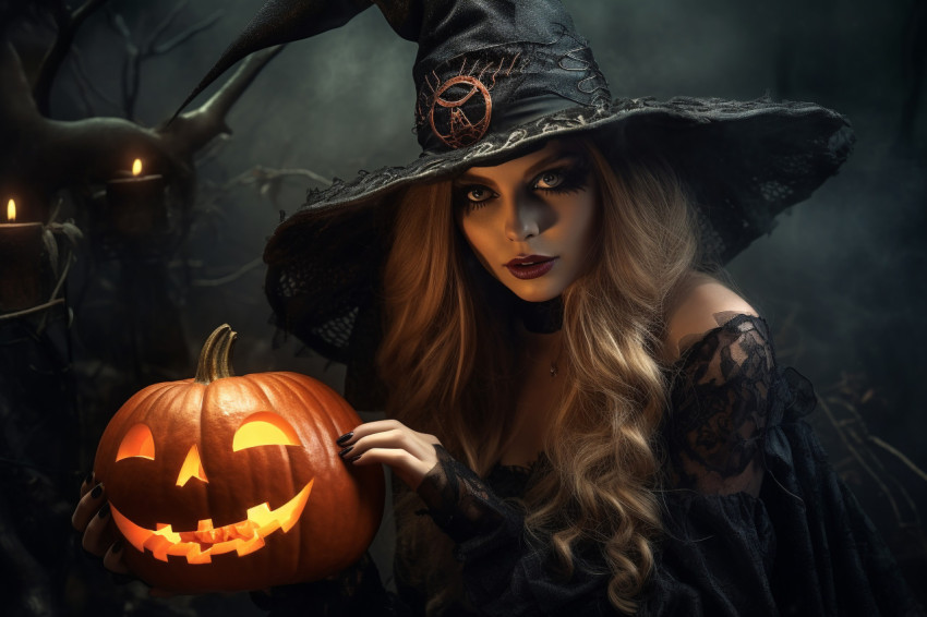 A picture of a young woman dressed as a witch on Halloween, hold