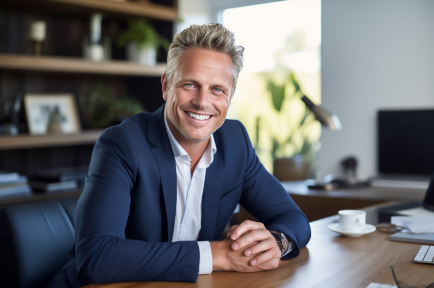 A picture of a happy and sure businessman at his home office des