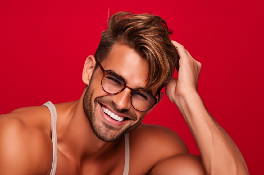 A photo of a smiling young man with sunglasses standing against