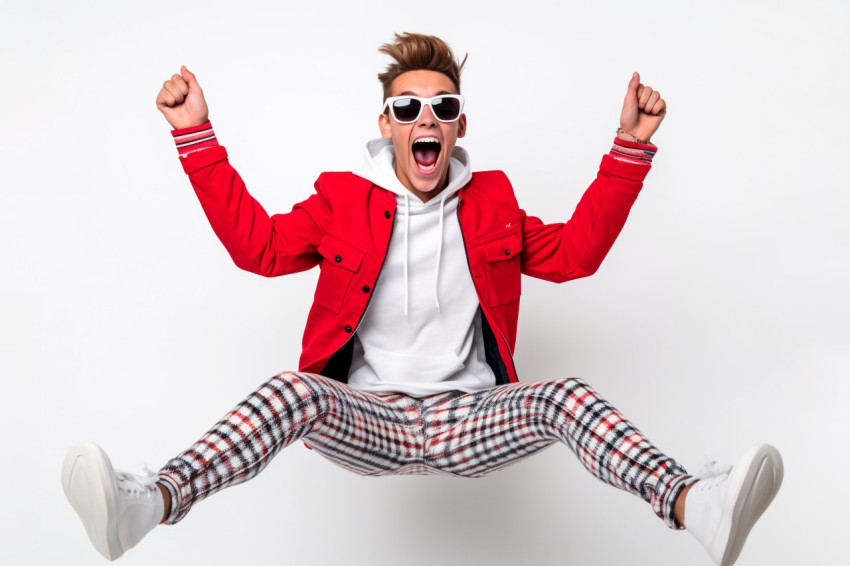 A photo of a happy young man jumping in front of a white wall wi