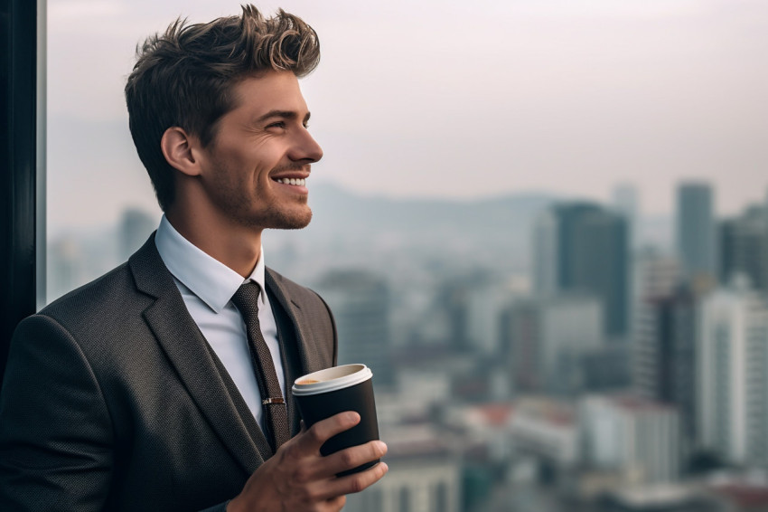 A picture of a young man wearing a suit and holding a coffee cup