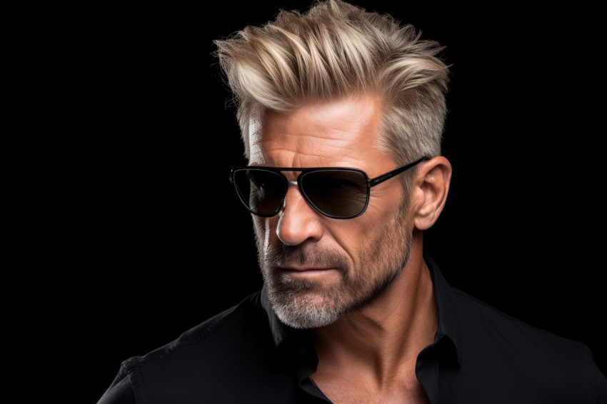 A picture of a handsome man in a black shirt and sunglasses with