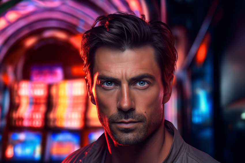 Close up photo of a handsome man at night lit by neon lights, pe