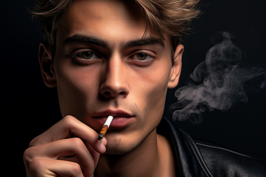 A photo of a young man in a studio holding an electronic cigaret