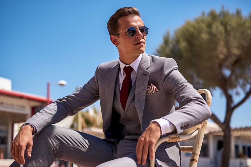 Picture of a cool young man in a stylish suit and glasses sittin