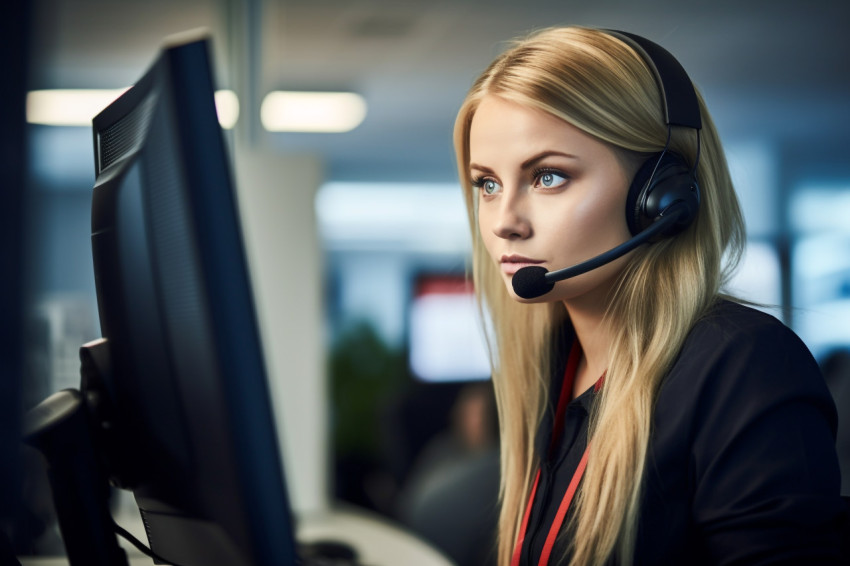 A picture of a young woman wearing a headset and using a compute