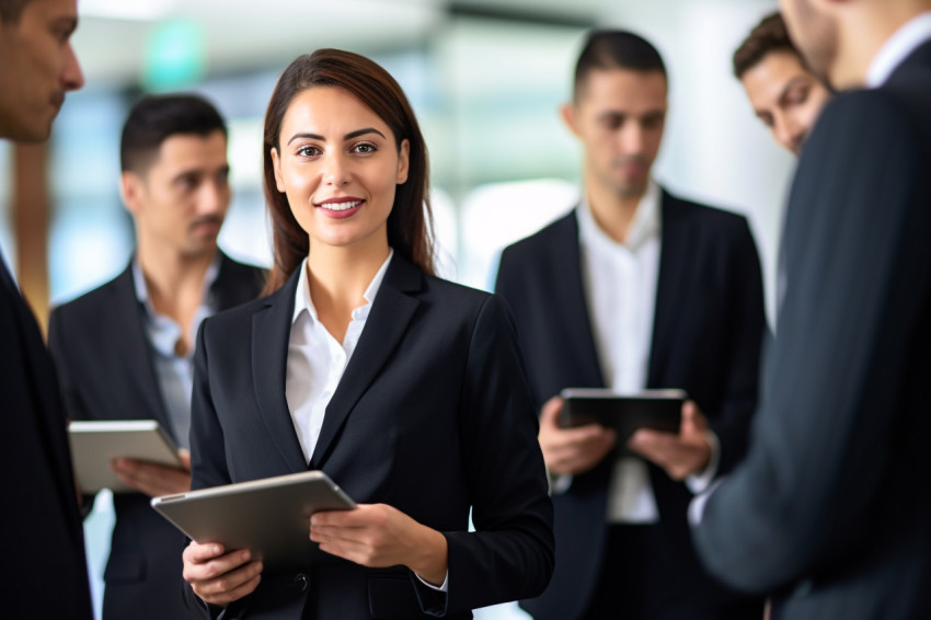 A photo of a business woman with a tablet in her hands in front