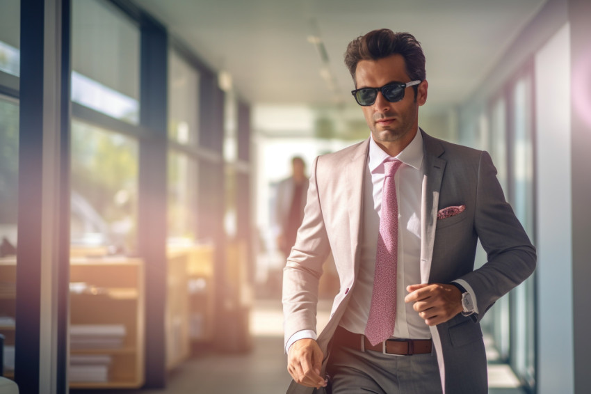 A blurry picture of a businessman walking in an office with sunl