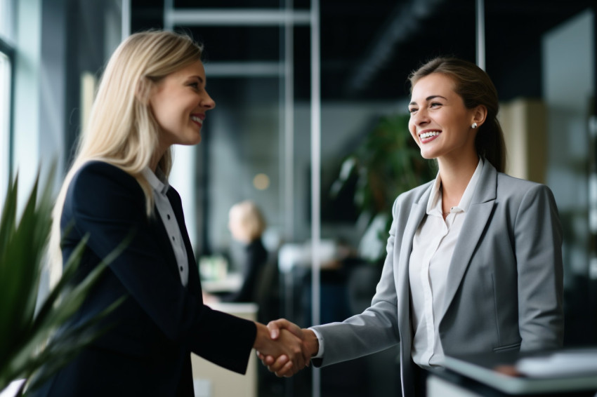 A photo of a happy businesswoman shaking hands with someone in a