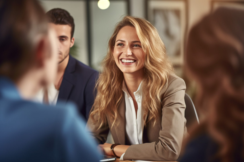 Picture of a confident and stylish businesswoman smiling and tal