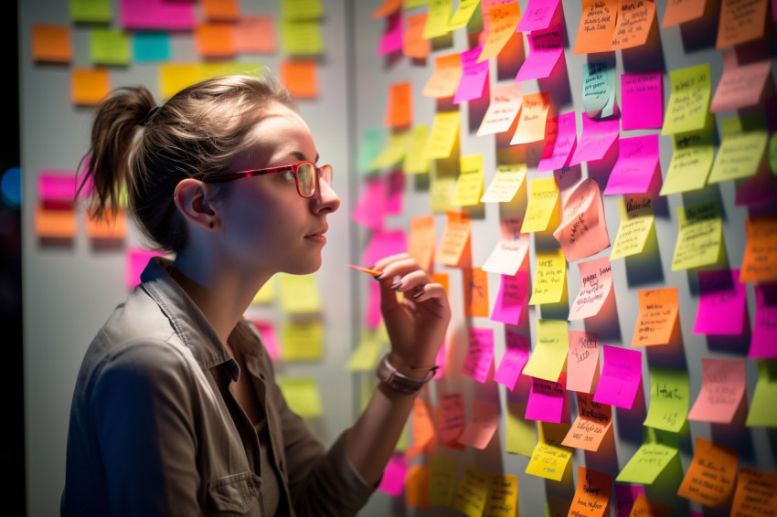 Picture of a young woman using sticky notes to think about ideas