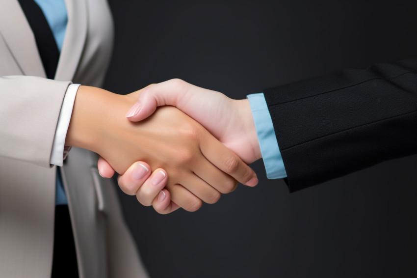 A photo of two business women shaking hands both looking happy c