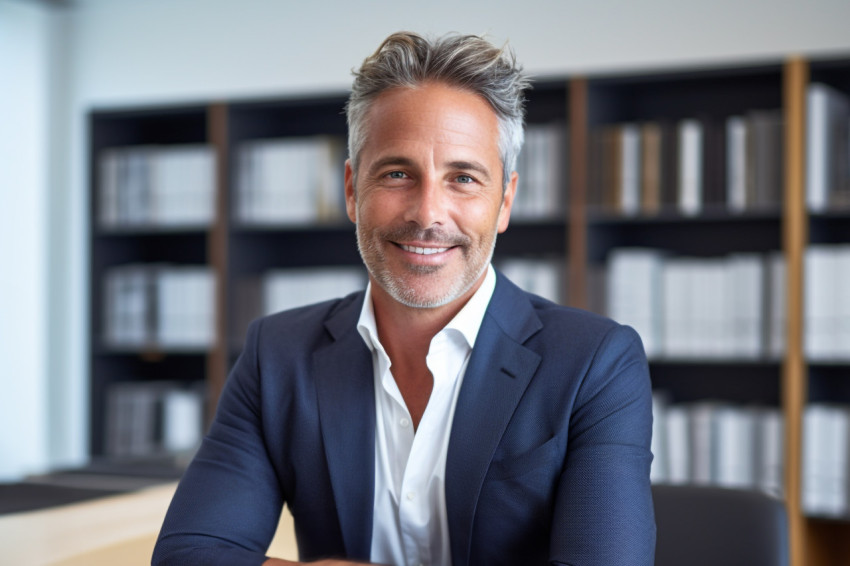 A photo of a handsome businessman in his office holding a book h