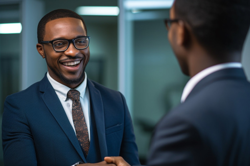 A photo of a happy african american manager shaking hands with a