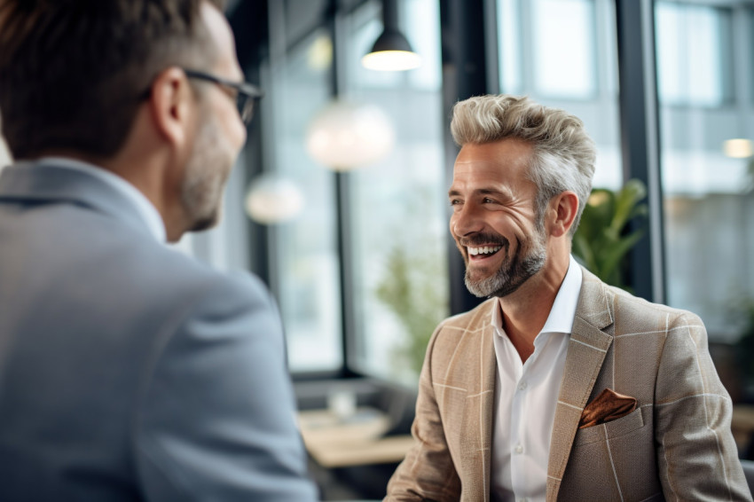 A picture of a happy young businessman talking to an older busin