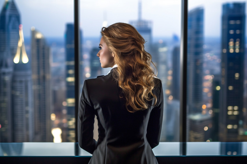 A photo of a young businesswoman standing in an office window he