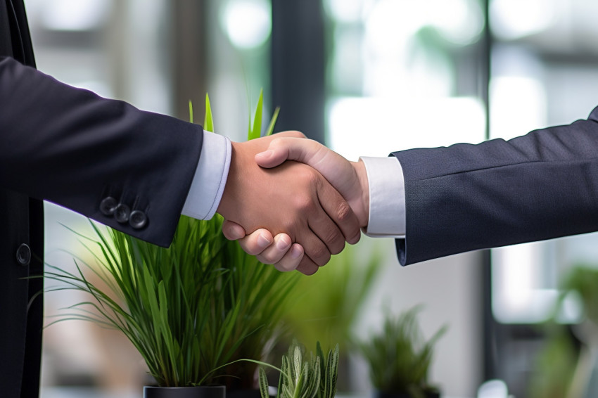 A close up photo of business people shaking hands in an office m