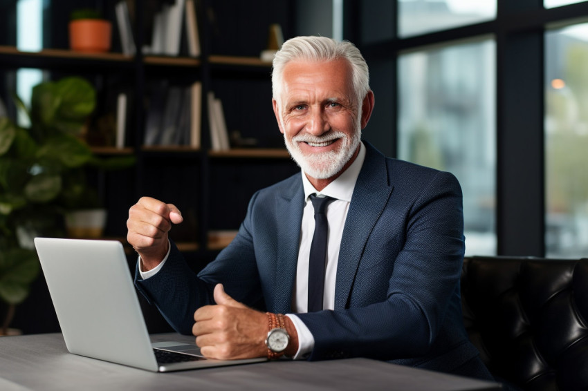 Photo of a mature businessman in a suit working on a laptop in h