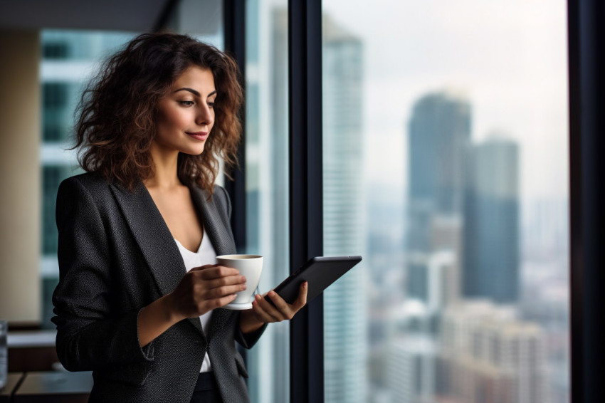 A picture of a good-looking woman drinking coffee and using a ta