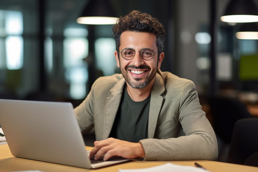 A photo of a young hispanic businessman sitting at his desk with