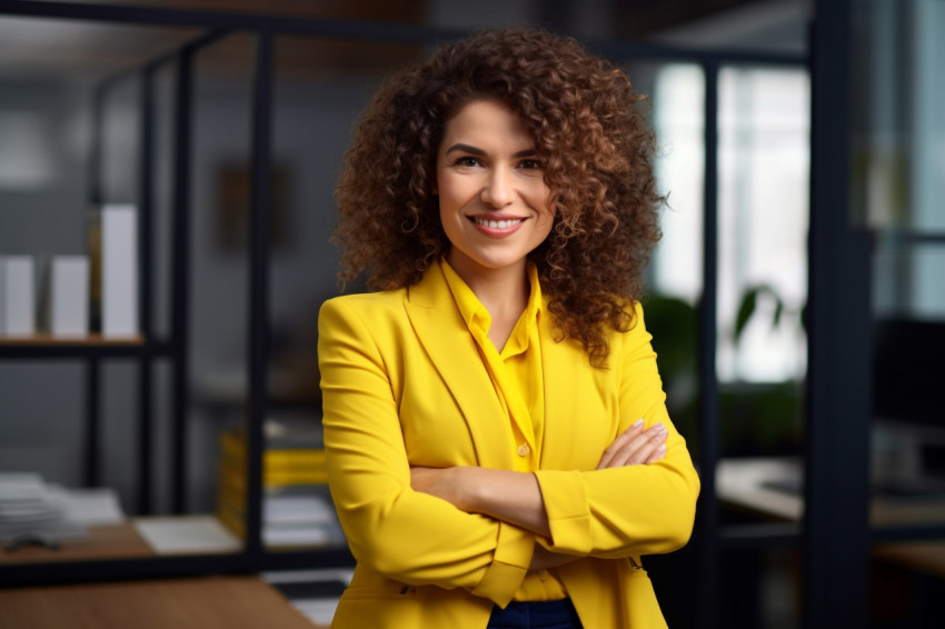 Picture of a successful latin american businesswoman in a yellow