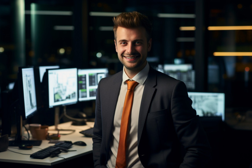 A photo of a young businessman smiling while standing alone in a