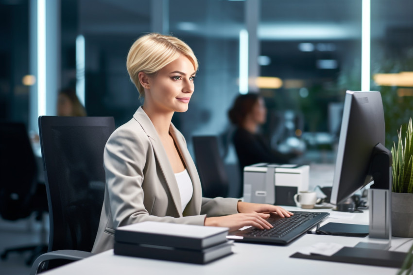 Picture of a pretty young woman with short, blonde hair working