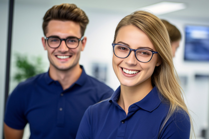 A photo of a smiling young businessman in a blue polo shirt and