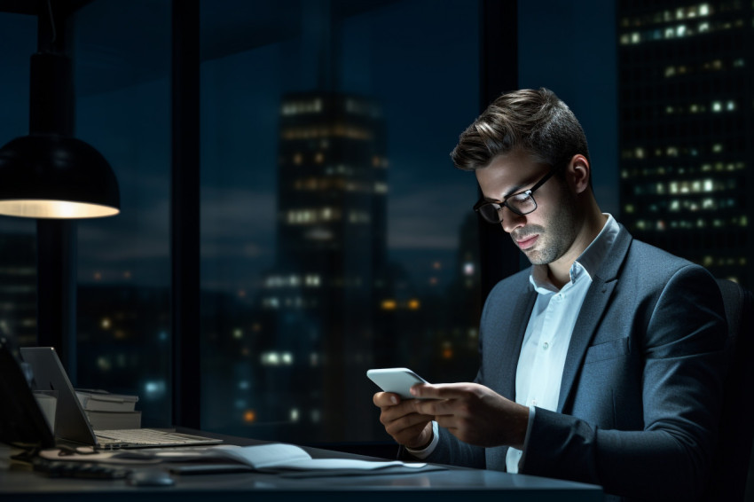 A photo of a businessman reading an email on his phone at night