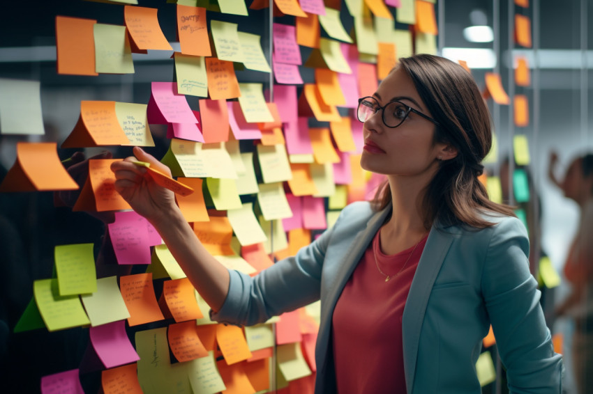 A photo of a woman using sticky notes to come up with new ideas