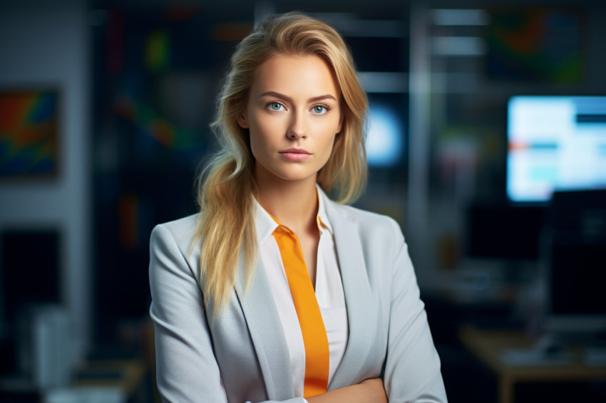 A picture of a young businesswoman standing in her office, busin