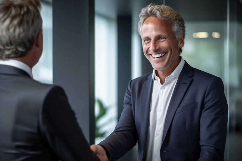 A photo shows a businessman shaking hands with a colleague in an