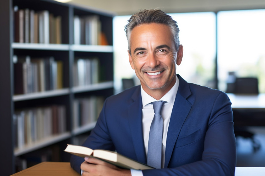 A photo of a handsome businessman in his office holding a book h