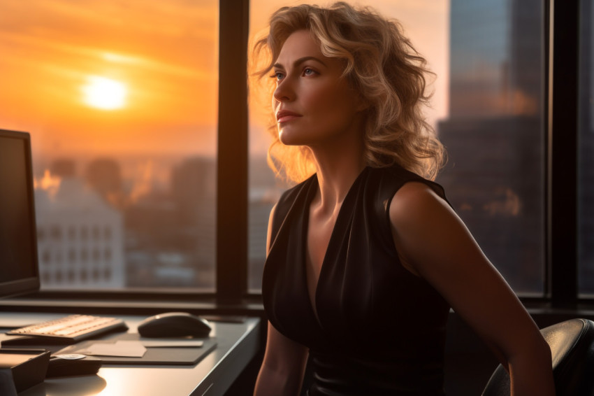 A photo of a successful businesswoman in a black dress standing