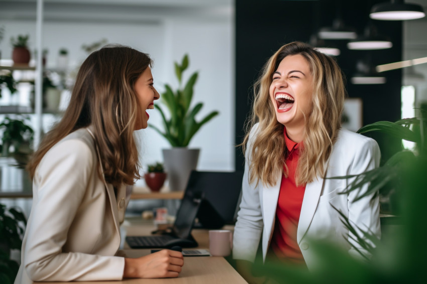 Image of two young women laughing while working at a desk in a b