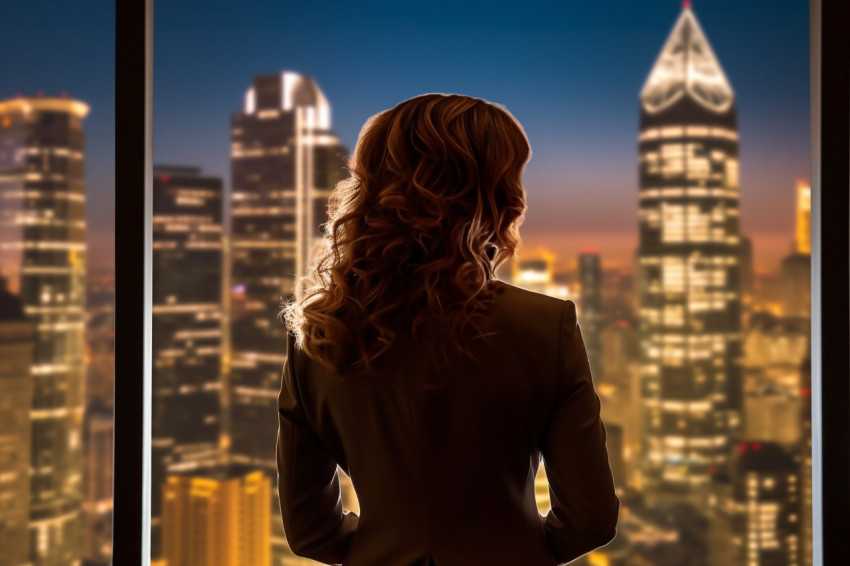 A picture of a businesswoman standing in the dark in an office b